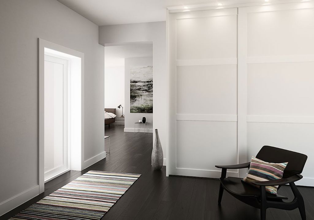 Hallway with Langlo® Topaz sliding wardrobe wooden doors in pure white finish