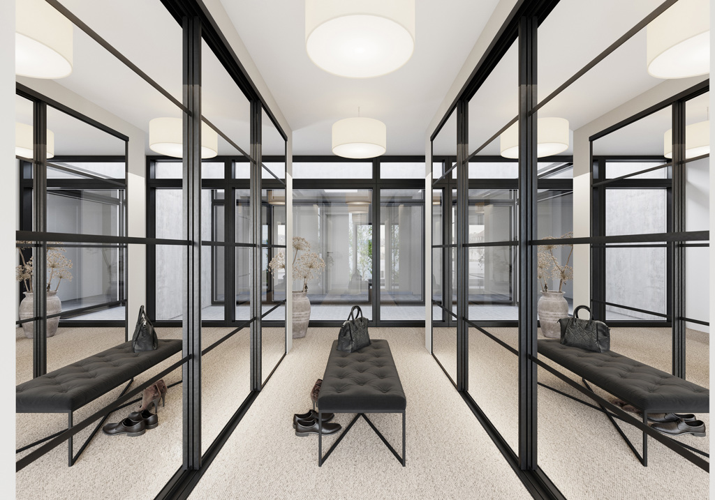 Entré med Langlo® Edge skyvedører i klart speil fylling og sort aluminiums omramming