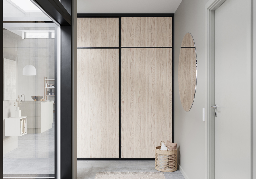 Entré med Langlo® Edge aluminium skyvedører i stone ash fylling og sort omramming