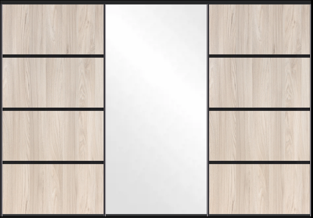 Edge skyvedørsfront i klart speil og stone ash